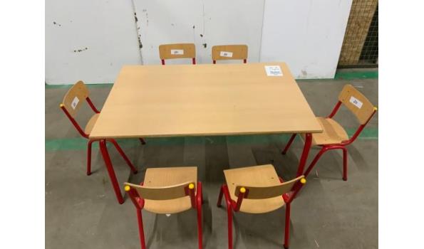 Schooltafel rood 120x80x60 + 6 stsoelen zithoogte 30cm